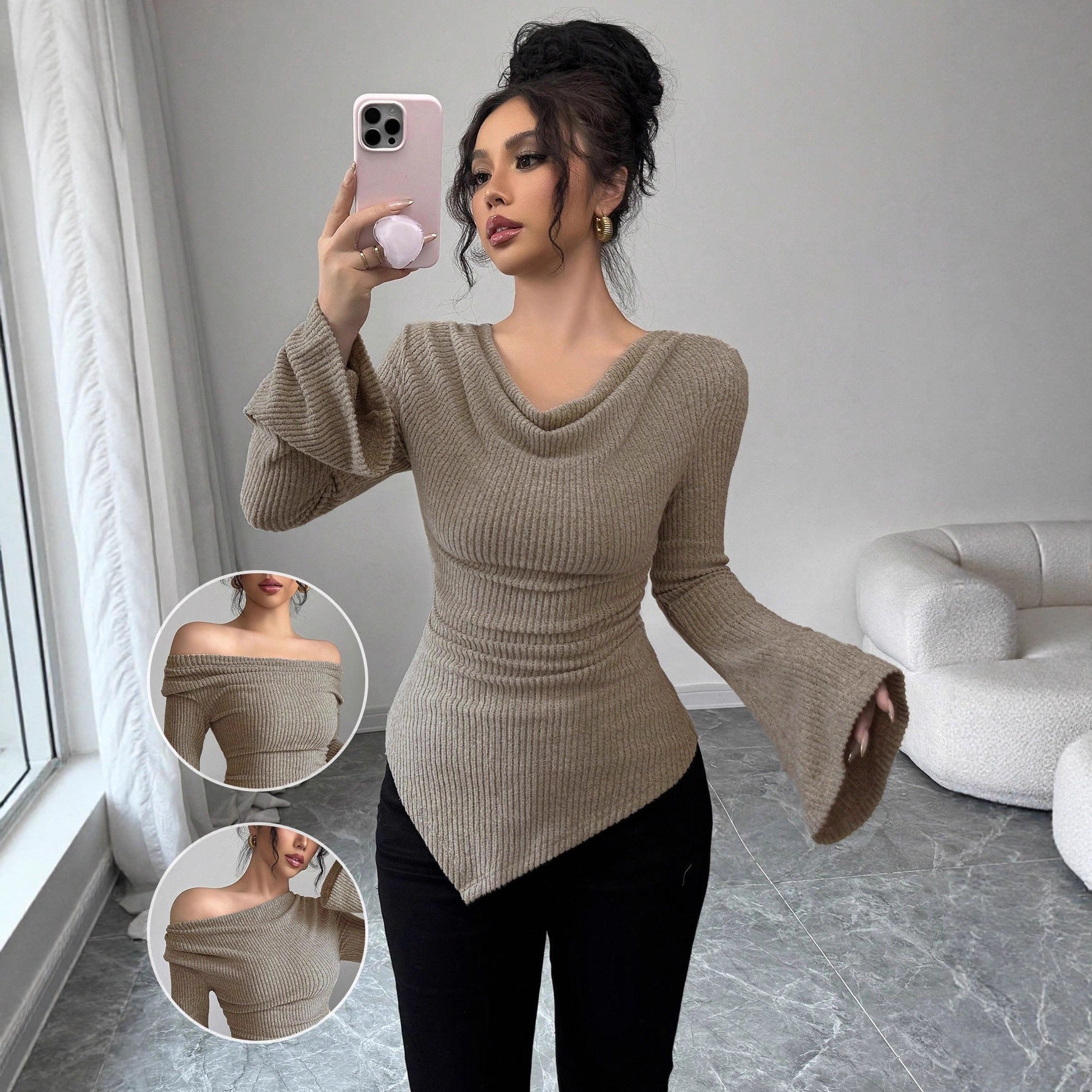 Damen Langarm Shirt mit Rippstruktur und weitem Ärmel R&B