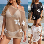 Damen luftiger Netz-Strandpullover mit floralem Muster R&B