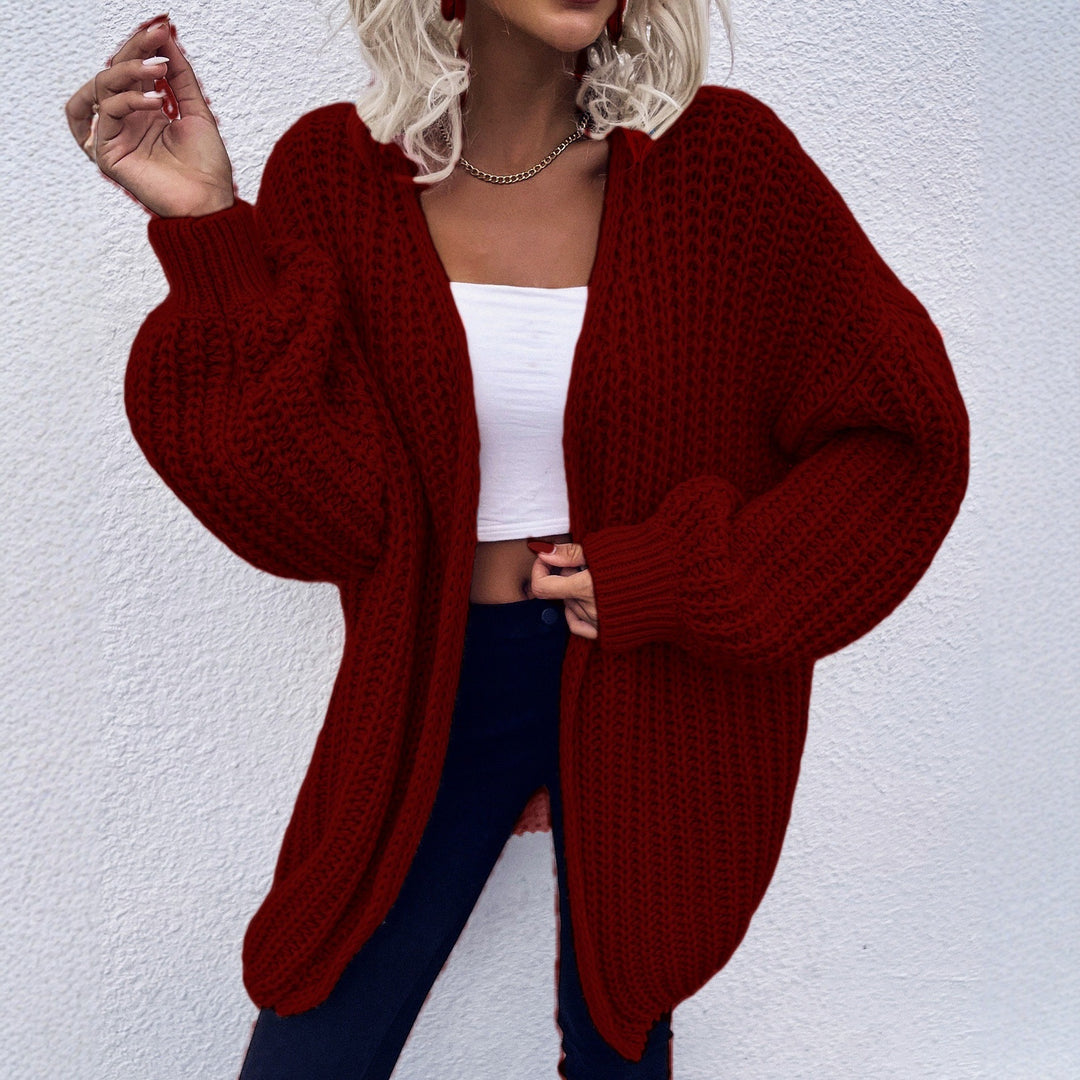Damen lässiger Grobstrick-Cardigan mit tiefen Taschen und voluminösen Ärmeln R&B