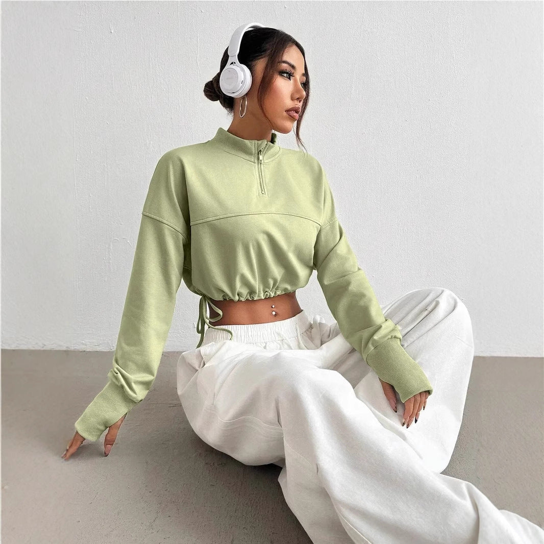 R&B | Crop Pullover Baumwollmischung Bequeme Passform Reißverschlusskragen Ballonärmel