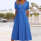 Damen nan luftiges V-Ausschnitt Midikleid mit überkreuzter Brustpartie, kurzen Ärmeln und Eingrifftaschen R&B