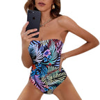 Damen Einteiler Badeanzug mit Bandeau-Ausschnitt und floralem Design R&B