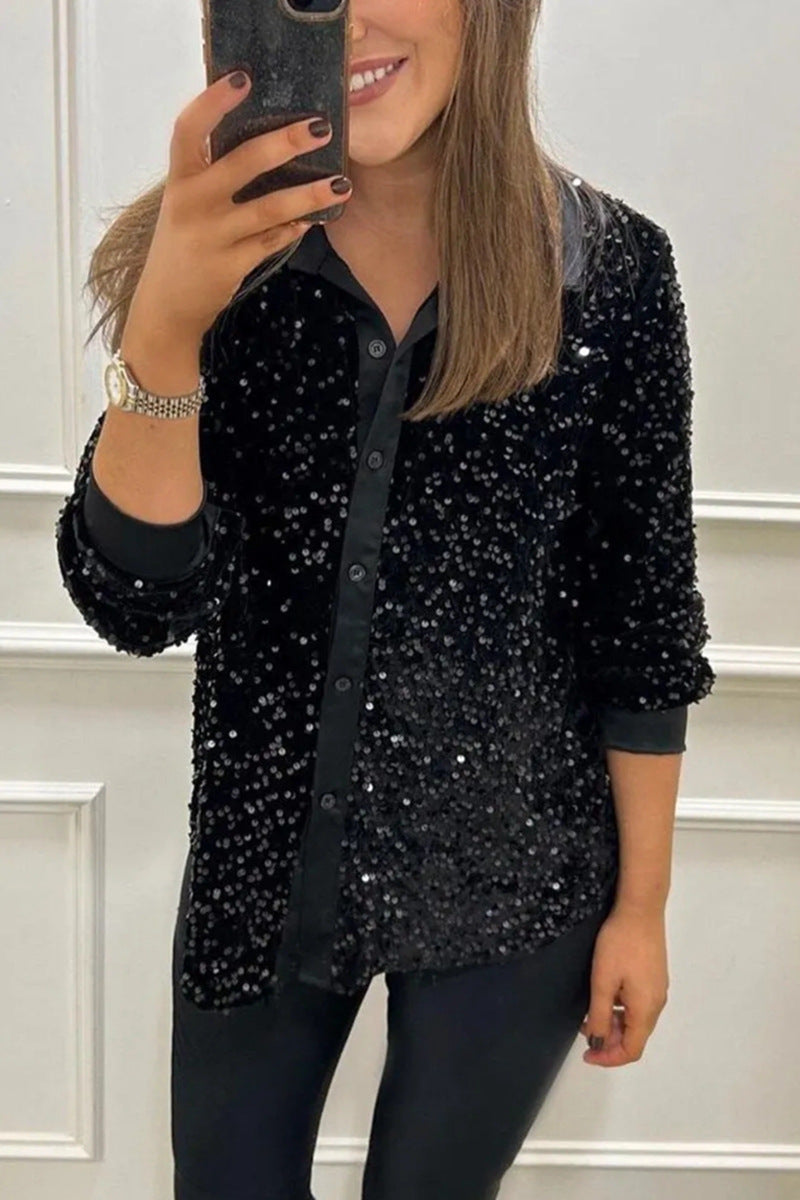 Damen nan glitzernde Pailletten-Hemdbluse mit Kragen, Knopfleiste und elastischen Manschetten R&B