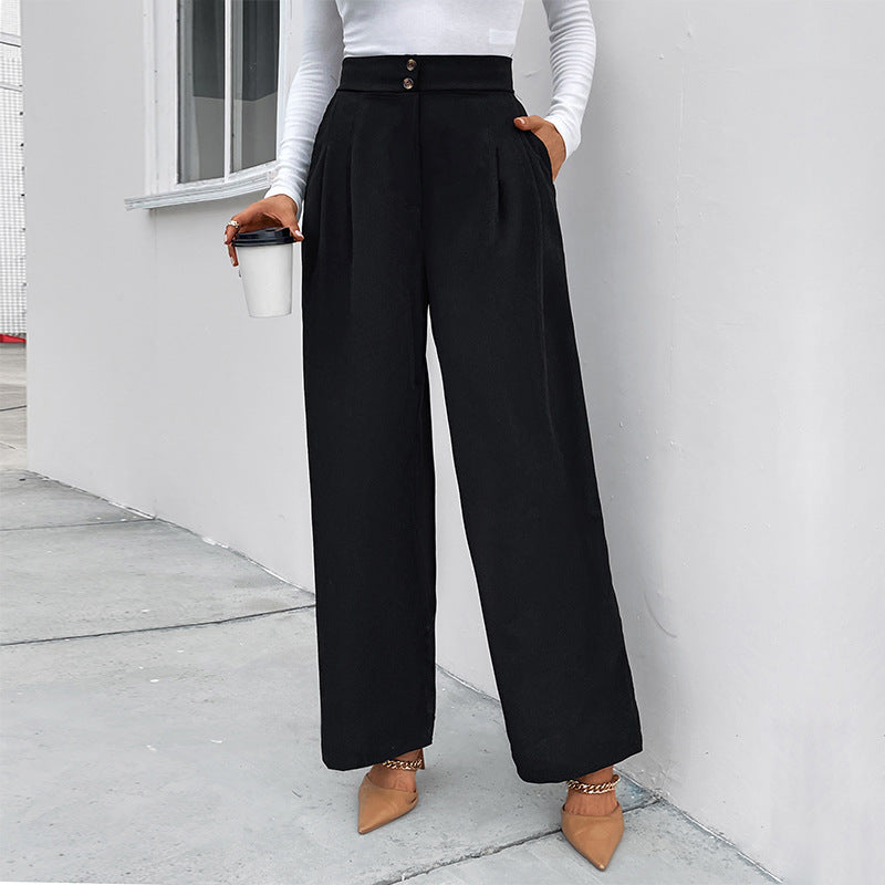 Damen elegante Hochtaillen-Breite Hose mit strukturiertem Stoff und dekorativen Knopfdetails R&B