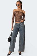 Damen figurbetontes Langarmshirt mit Leopardenmuster und Off-Shoulder