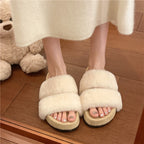 Damen Flauschige Slide-Pantoletten mit breiten Riemen und komfortablem Fußbett EB