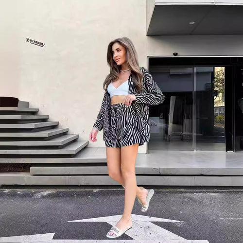 Damen elegante Kurzarmbluse mit Zebra-Print R&B