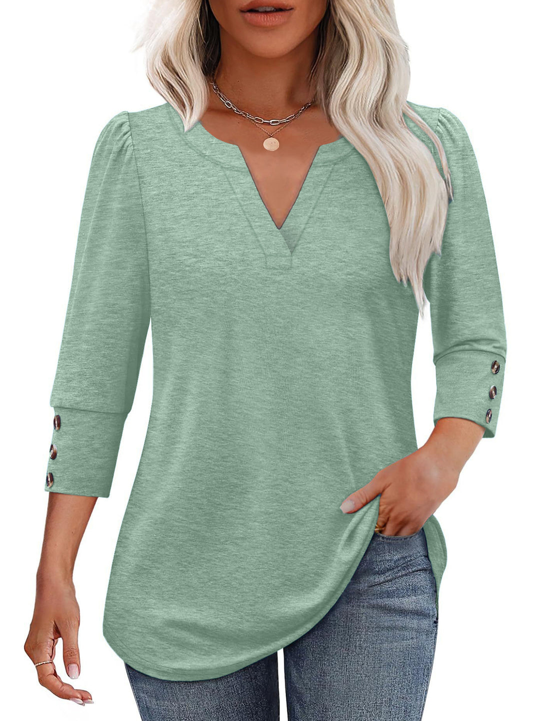 Damen V-Ausschnitt Bluse mit dekorativen Knopfdetails R&B