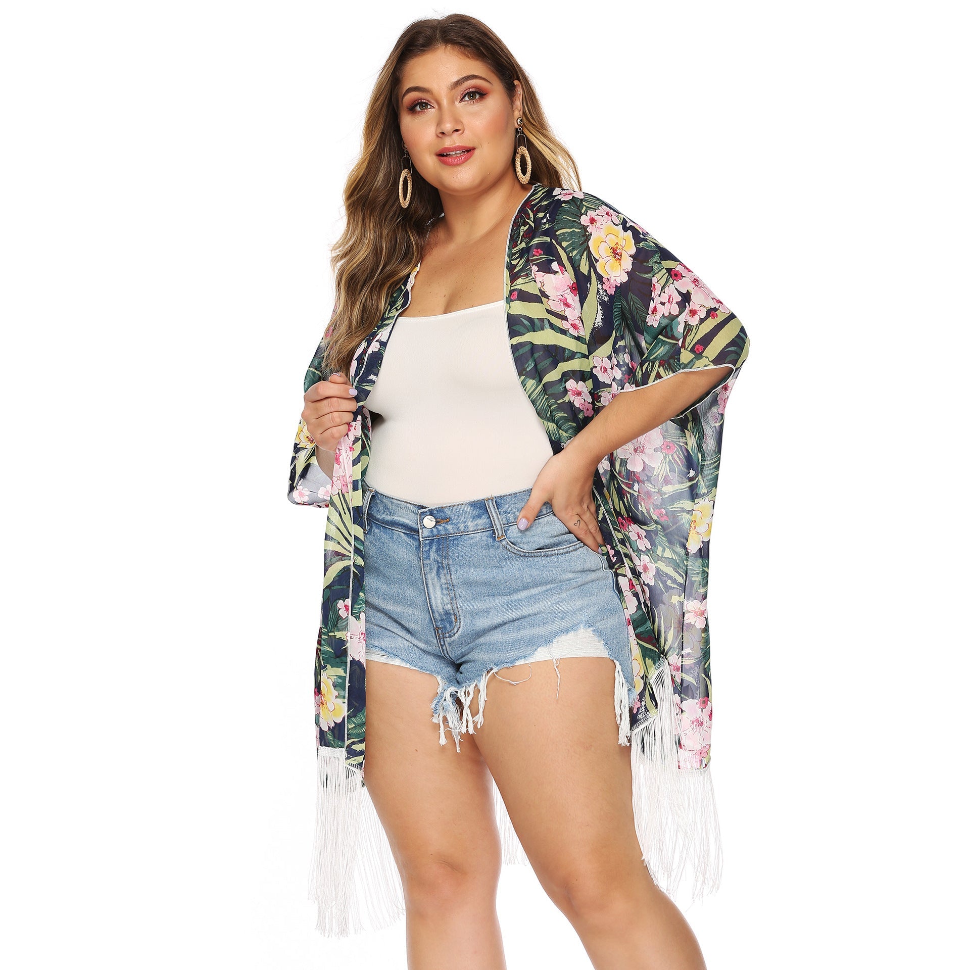 Damen luftiger Strandkimono mit fransigen Akzenten R&B