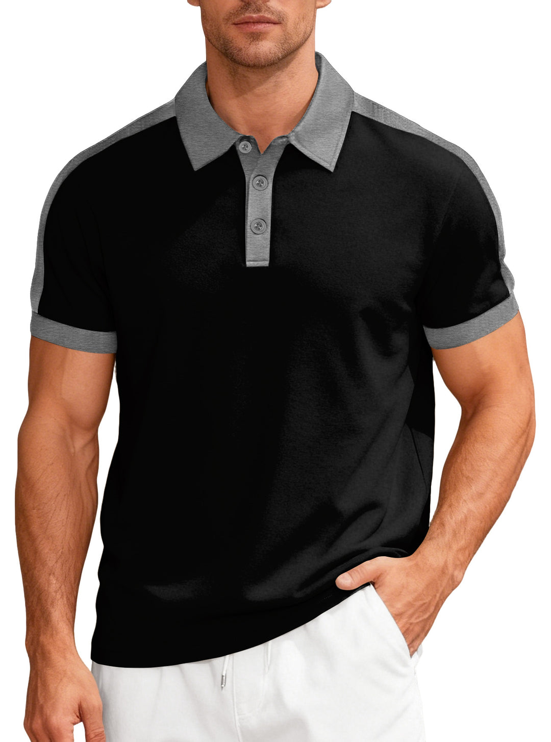 Herren nan Premium-Polo im Retro-Kontrastlook mit Hemdkragen und Dreiknopfleiste R&B
