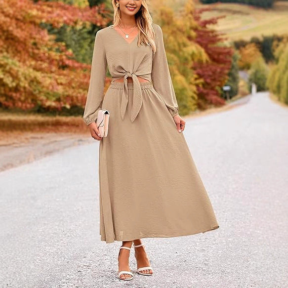 Damen Binde-Kleid mit langen Ärmeln und Rundhalsausschnitt R&B