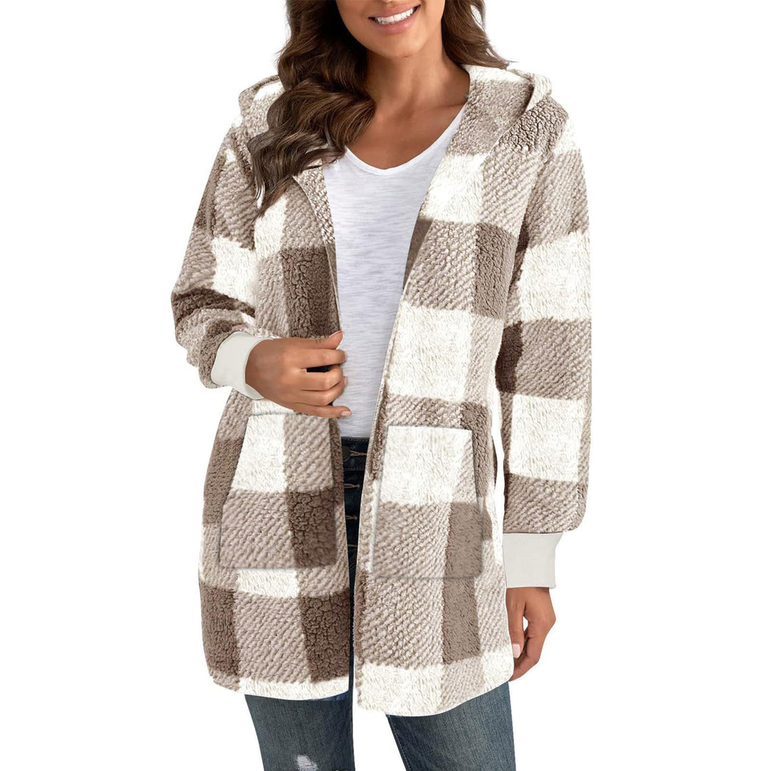 Damen Fleecejacke mit Karomuster und Kapuze R&B