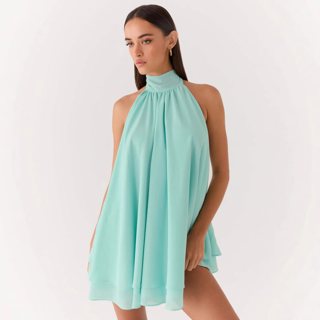 Damen elegantes Hochgeschlossenes Minikleid mit fließendem Stoff und verspieltem Volant R&B
