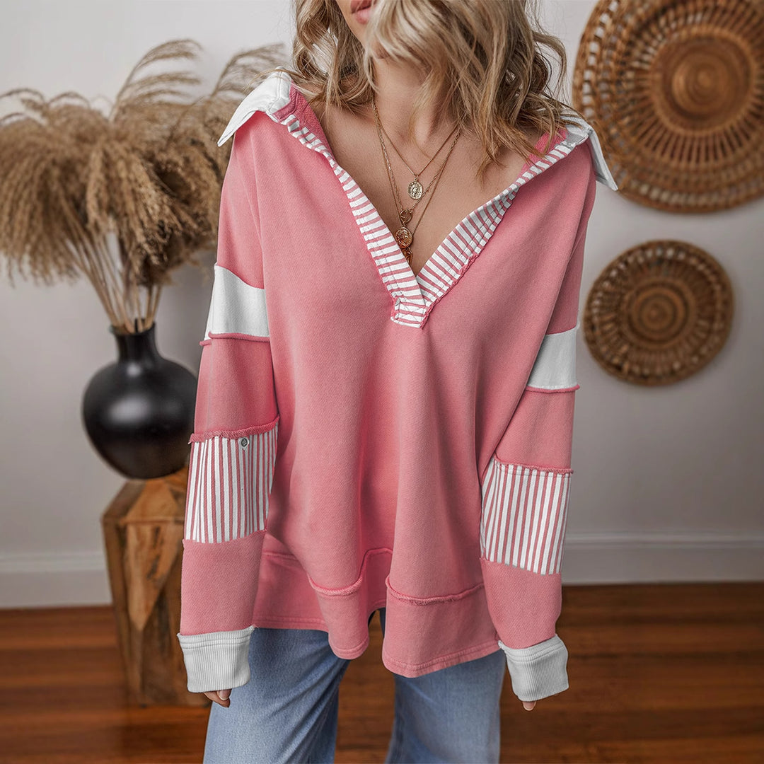 Damen lässiger Pullover mit Hemdkragen und gestreiften Ärmeln R&B