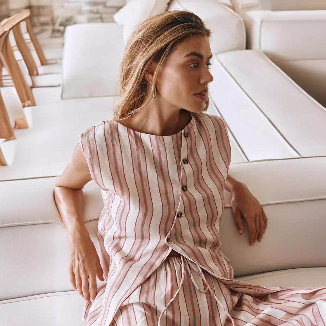 Damen gemütliche Lounge-Set mit gestreiftem Design und knöpfbarem Oberteil R&B