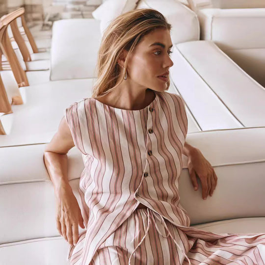 Damen gemütliche Lounge-Set mit gestreiftem Design und knöpfbarem Oberteil R&B