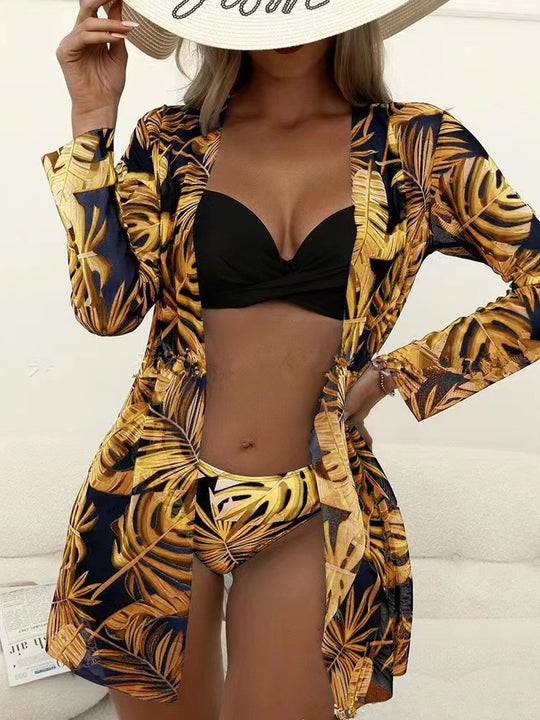 Damen Strand-Bikini mit floralen Verzierungen und elegantem Kimono R&B