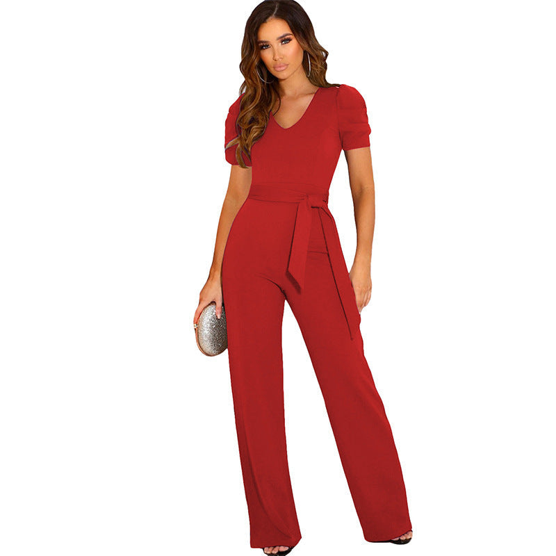 Damen Eleganter Jumpsuit mit Taillengürtel und Puffärmel R&B