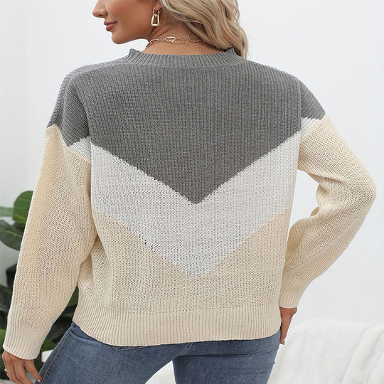 Damen Strickpullover mit V-Ausschnitt und Farbblockdesign R&B