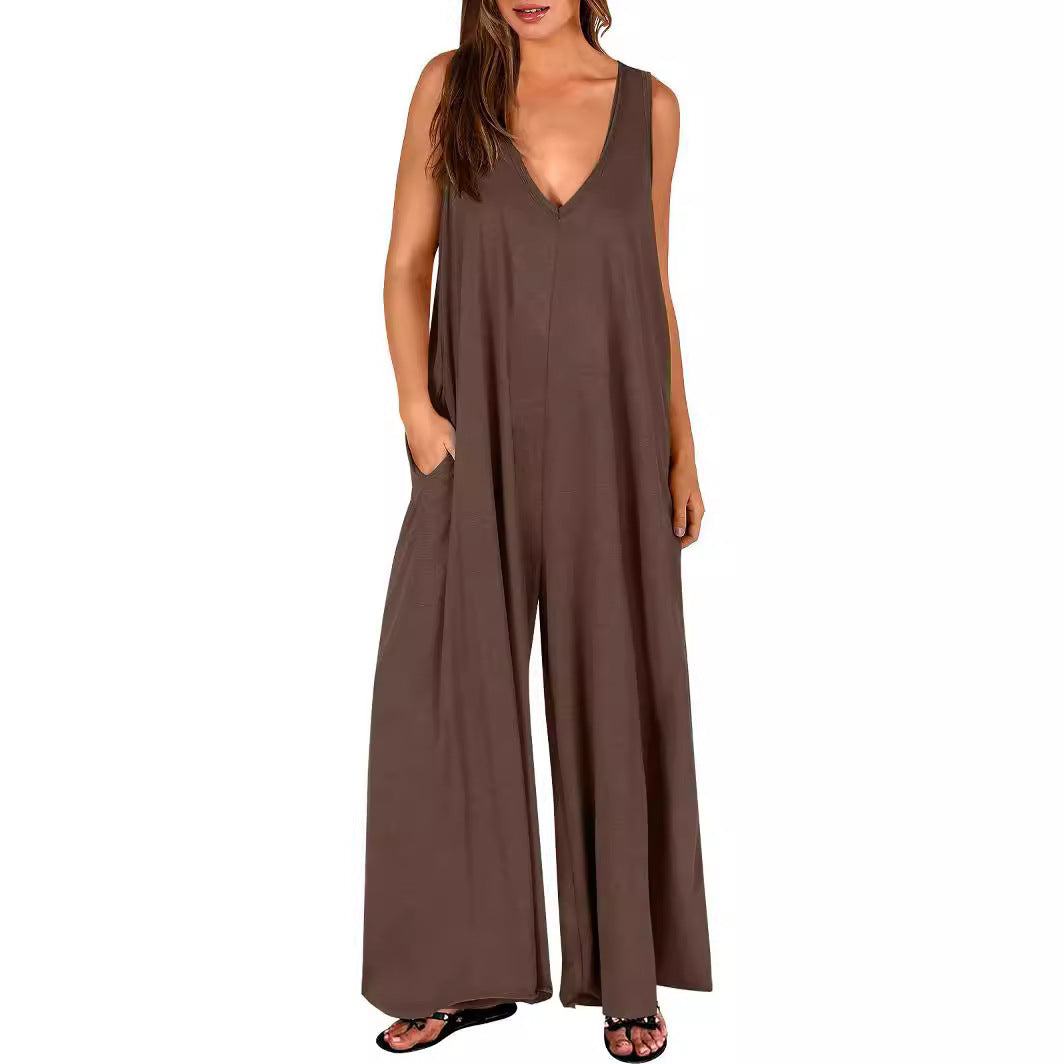 Damen ärmelloses Maxikleid mit seitlichen Taschen und fließender Silhouette R&B
