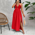 Damen Maxikleid mit tiefem V-Ausschnitt und seitlichem Schlitz R&B