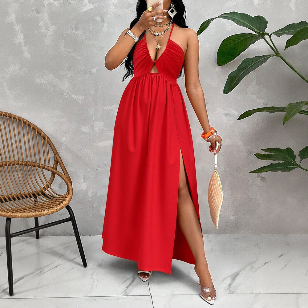 Damen Maxikleid mit tiefem V-Ausschnitt und seitlichem Schlitz R&B