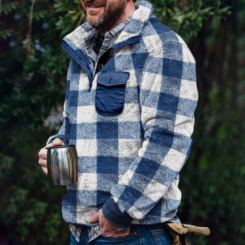 Herren Fleece-Pullover mit Karomuster und Hohem Kragen