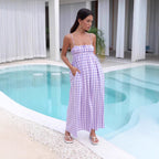 Damen Maxikleid mit Kariertem Muster und Elastischem Oberteil R&B