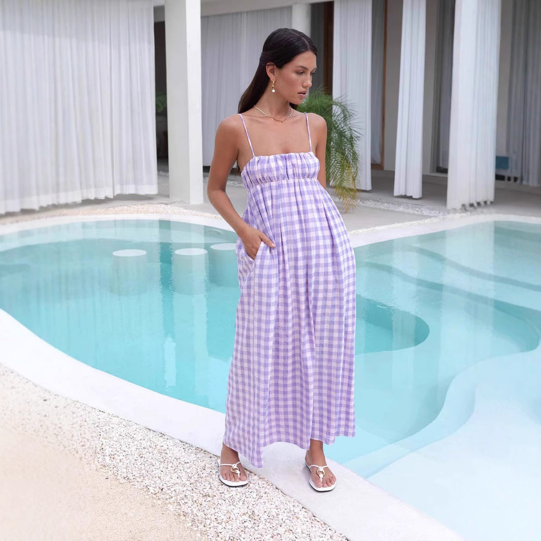 Damen Maxikleid mit Kariertem Muster und Elastischem Oberteil R&B