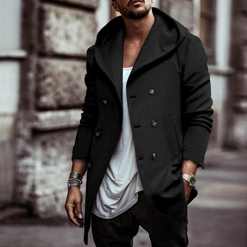 Herren stylischer Hoodie-Mantel mit doppelter Knopfreihe und weitem Kragen R&B