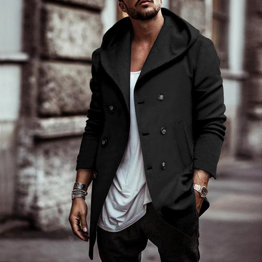 Herren stylischer Hoodie-Mantel mit doppelter Knopfreihe und weitem Kragen R&B