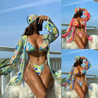 Damen Bunt bedruckter Bikini mit langem Cover-Up R&B