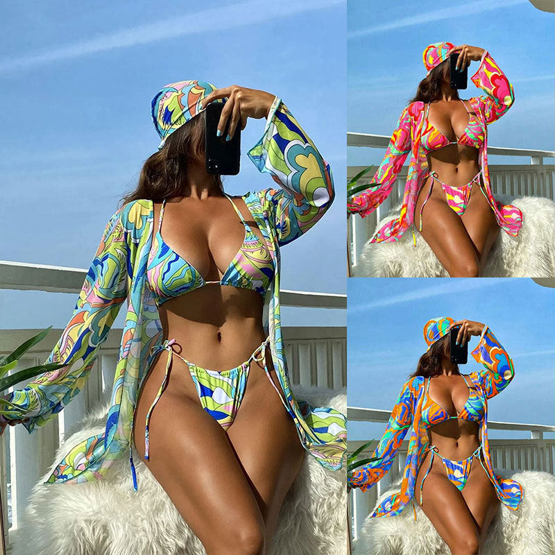 Damen Bunt bedruckter Bikini mit langem Cover-Up R&B