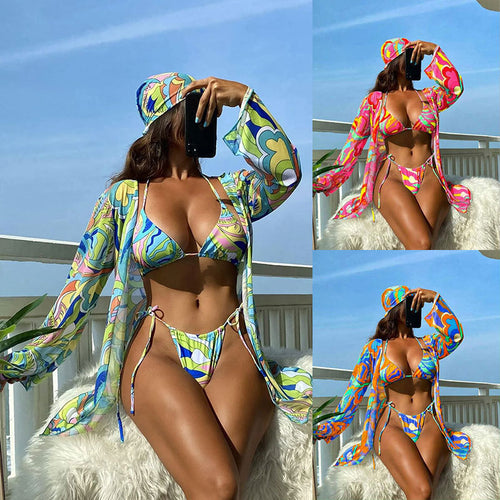 Damen Bunt bedruckter Bikini mit langem Cover-Up R&B