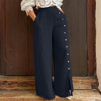 Damen Weite Leinenhose mit seitlichen Knöpfen und hoher Taille R&B