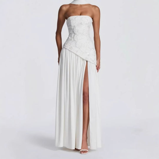 Damen Strapless Abendkleid mit seitlichem Schlitz und floralen Applikationen R&B