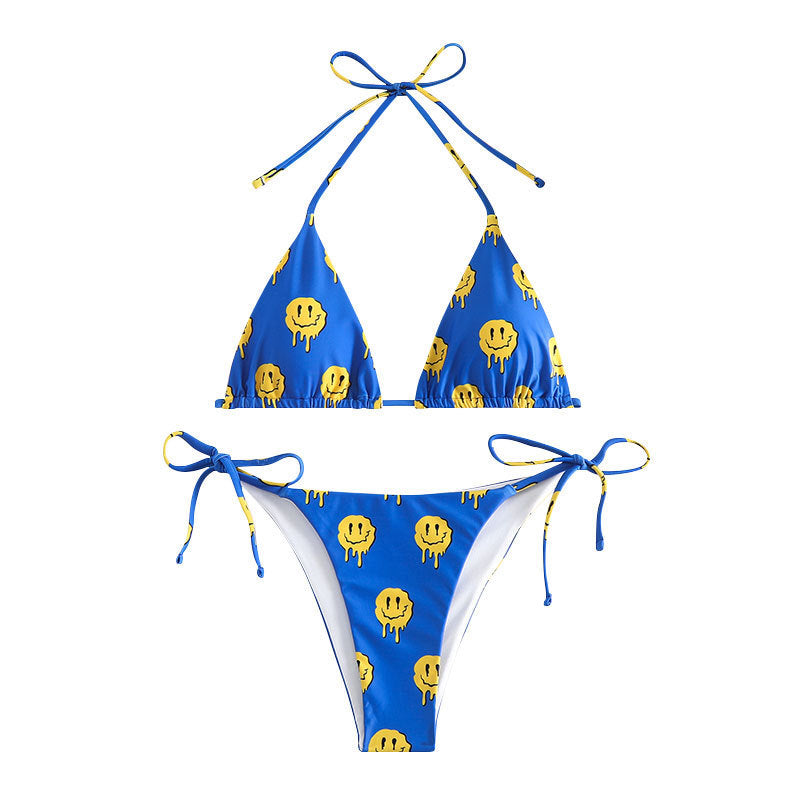 Damen Triangel-Bikini mit fröhlichem Smiley-Muster und verstellbaren BindR&Bändern R&B