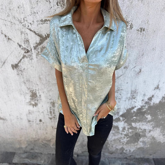 Damen Elegante und lässige Satinbluse mit kurzen Ärmeln R&B