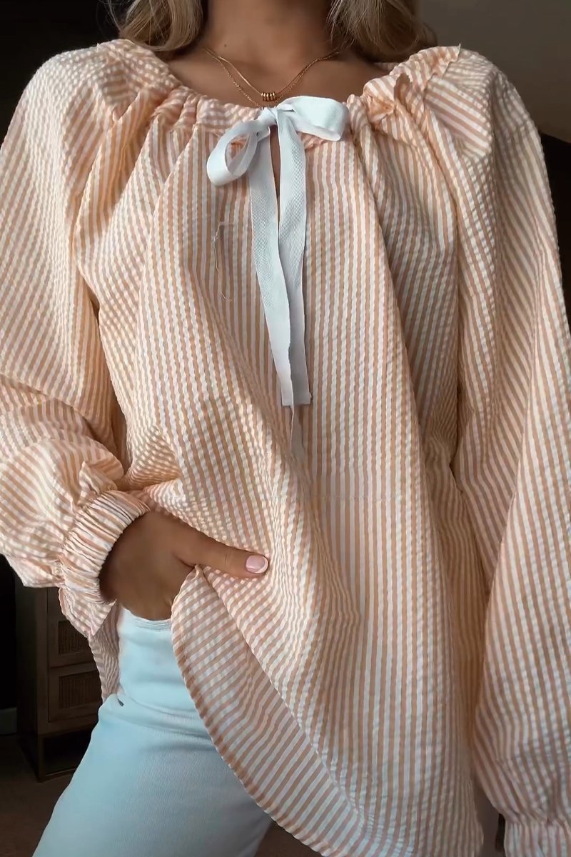 Damen Blusenshirt mit elastischem Puffärmel und dekorativem BindR&Band R&B