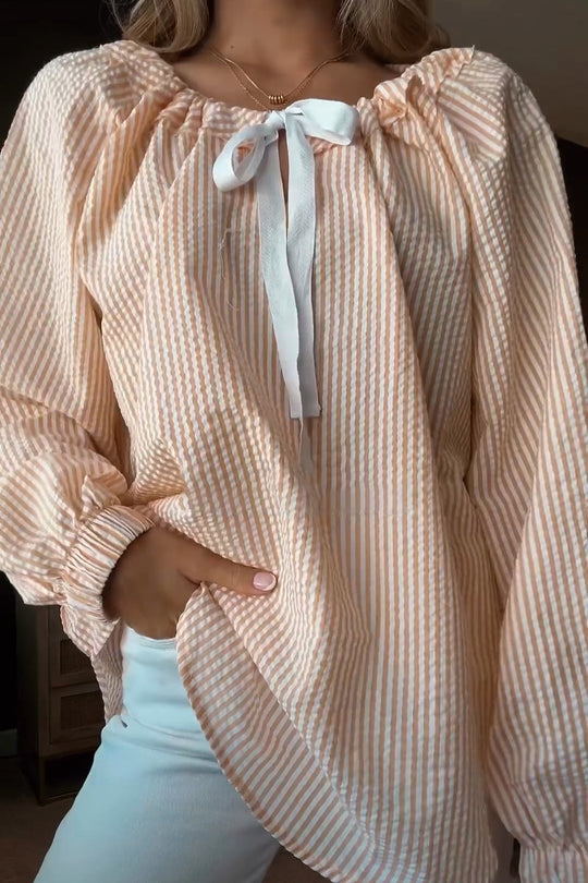 Damen Bluse mit elastischem Ausschnitt und Schleifenbindung R&B