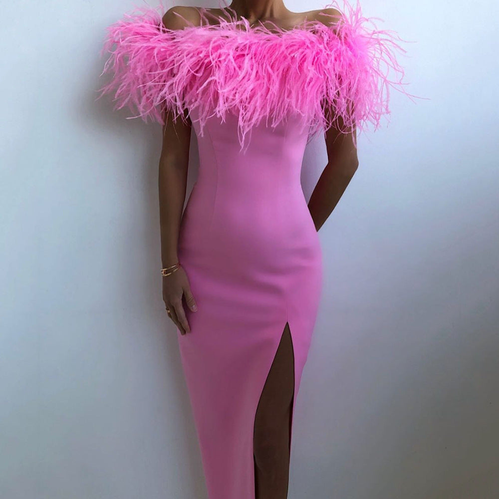 Damen Abendkleid mit federverziertem Oberteil und schlankem Schnitt R&B