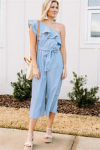 Damen Wickel-Jumpsuit mit asymmetrischem Träger und voluminösen Rüschen R&B
