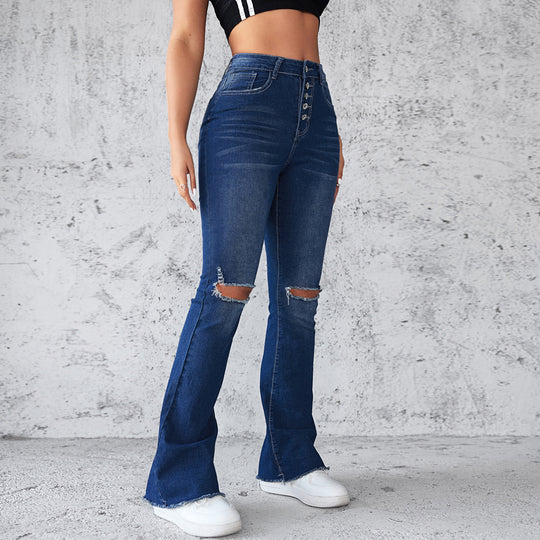 Damen Schlagjeans mit distressed Details und hohem Bund R&B