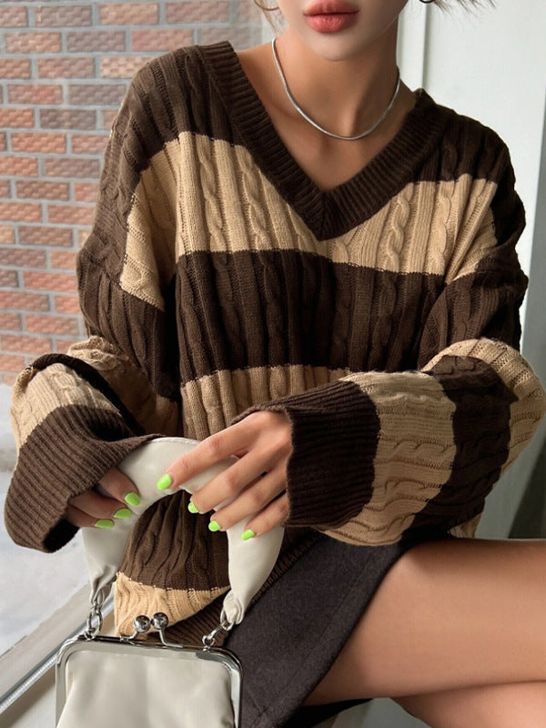 Damen V-Ausschnitt Strickpullover mit Rippstruktur und langen Ärmeln R&B