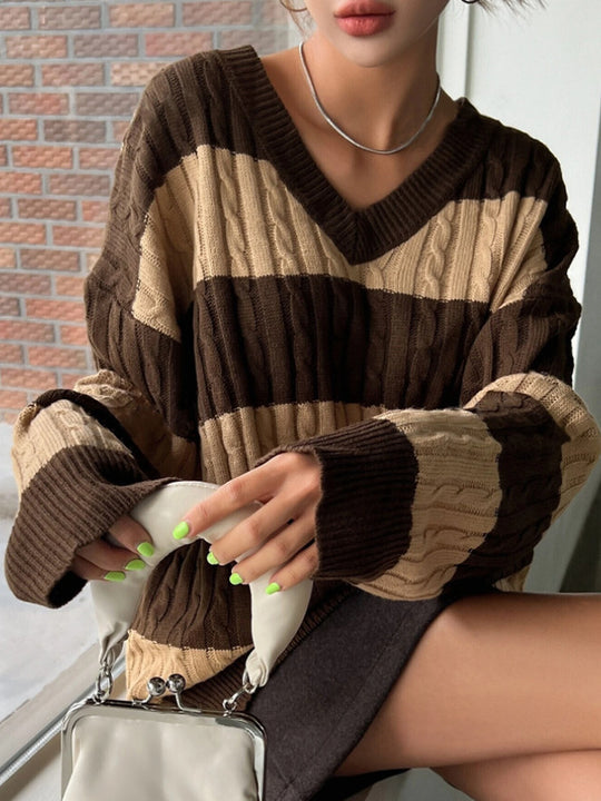 Damen V-Ausschnitt Strickpullover mit Rippstruktur und langen Ärmeln R&B