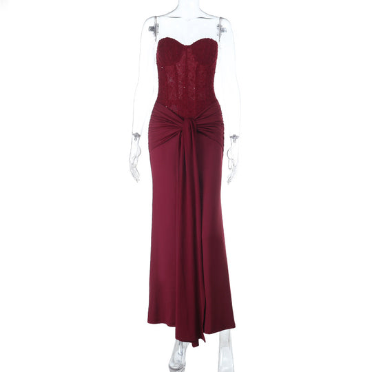 Damen schickes Maxikleid mit elegantem Bustier-Oberteil und gerafftem Rock R&B
