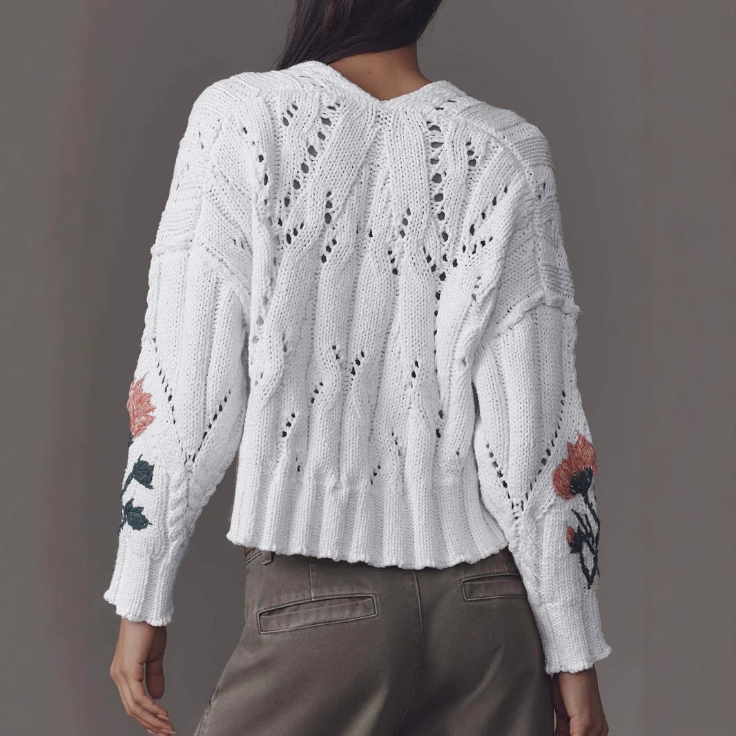 Damen Strickpullover mit floralem Design und V-Ausschnitt