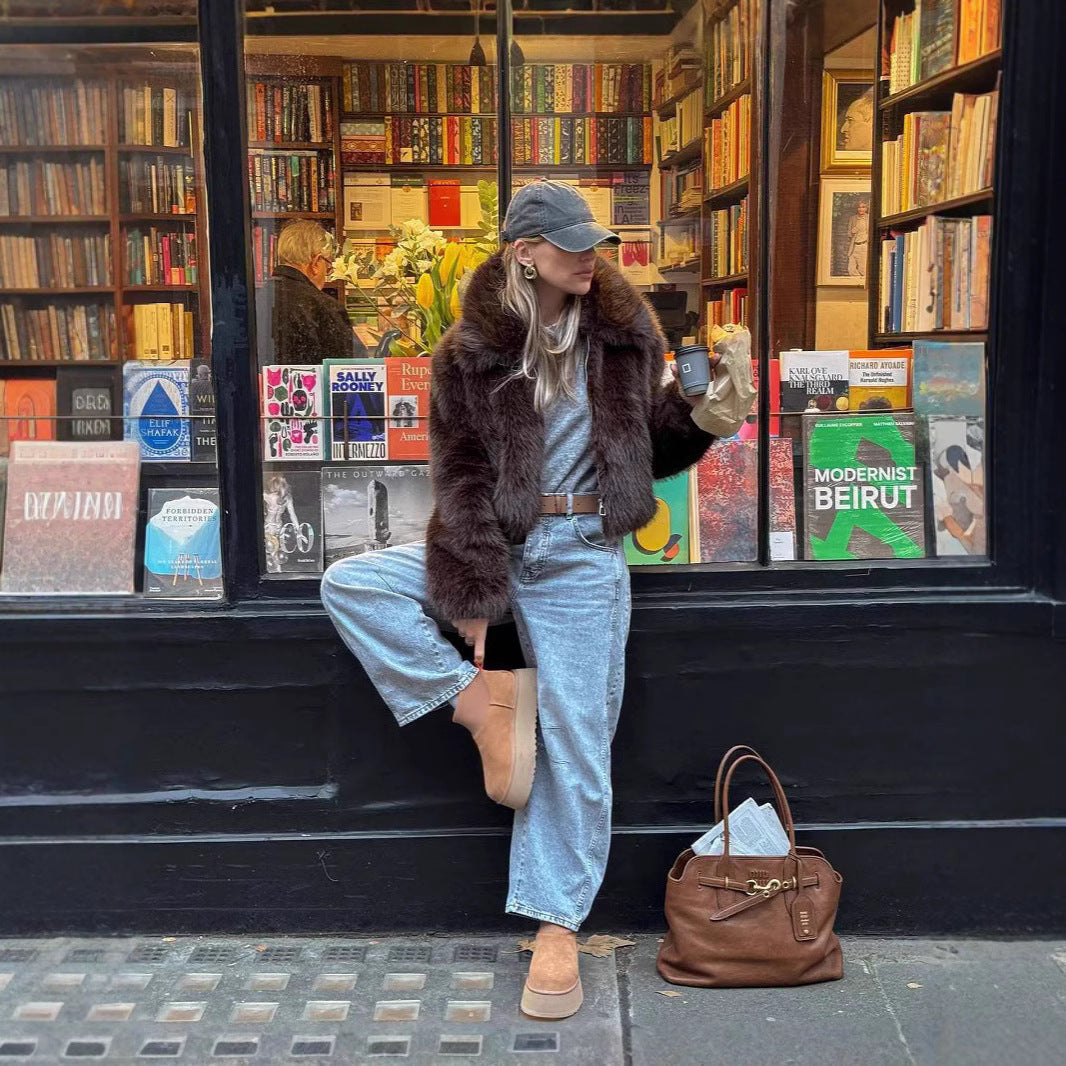 Damen Modische Kunstfelljacke mit cropped Schnitt und voluminösen Ärmeln R&B