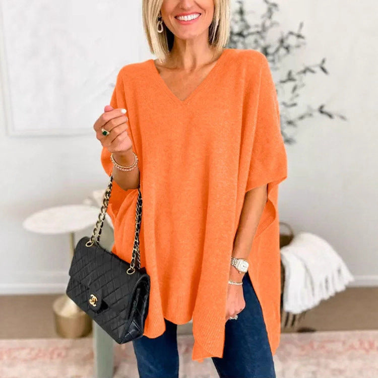 Damen Strickponcho mit V-Ausschnitt und lässigem Schnitt R&B