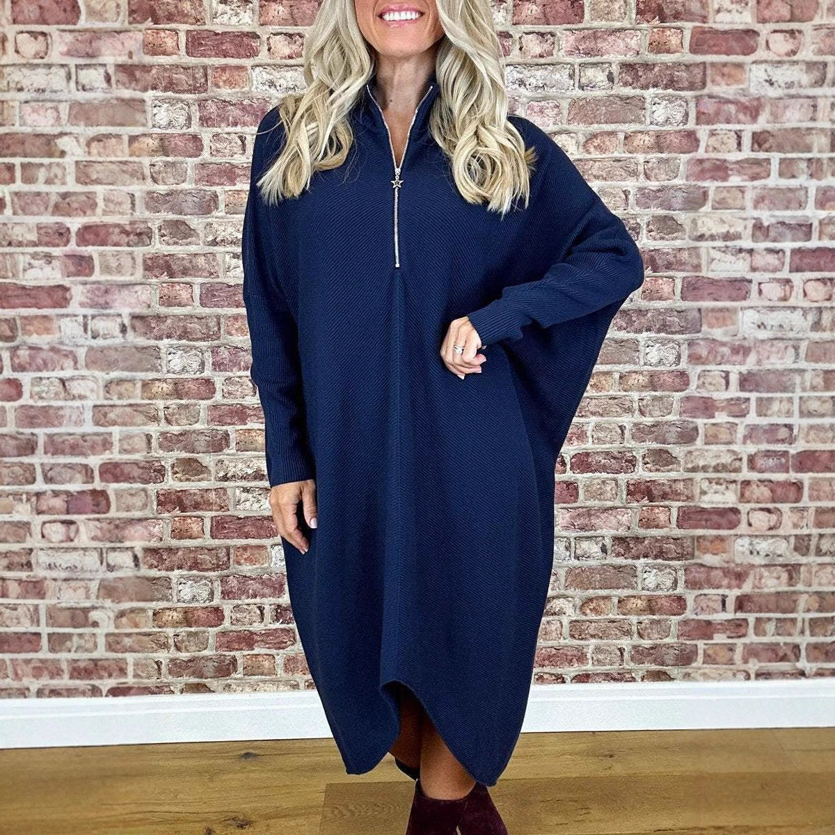Damen Oversized Strickkleid mit Reißverschluss R&B